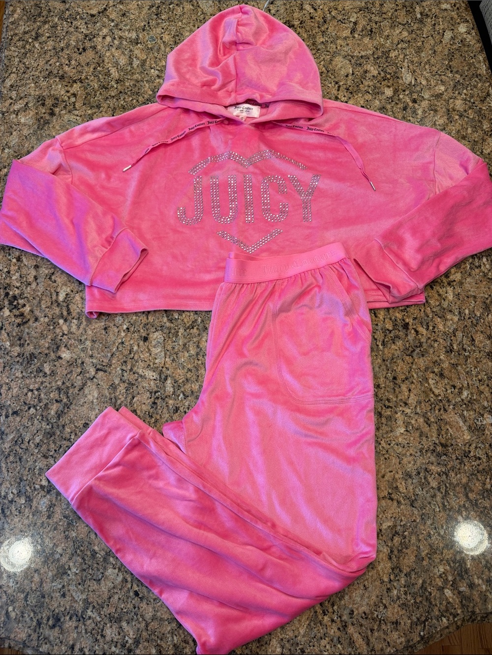 NWT Juicy Couture Hot Pink Velour Hoodie & Jogger Set with Rhinestone Logo - XL